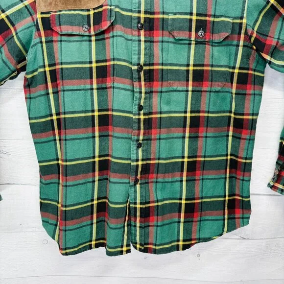 VTG Polo by Ralph Lauren Tartan Plaid Flannel Shirt Suede Shoulder Patch Size L - Picture 6 of 13